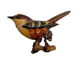 Vintage Takahashi Carved Wood Painted Brown & Orange Perched Bird Brooch Pin